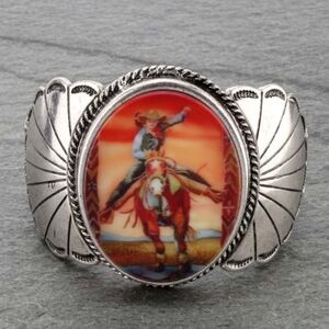 NWT Western Vintage Silver Cowgirl Barrelracer Portrait Cuff Stretch Bracelet